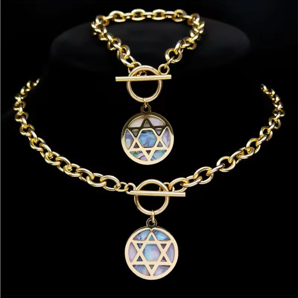 Gold Star of David Pendant Necklace and Bracelet set!